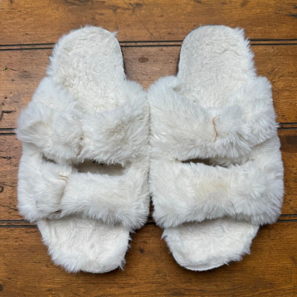 Faux Fur Double Strap Buckle Slides‎ Cream Fluffy Slippers USA 7-8 S140SG105